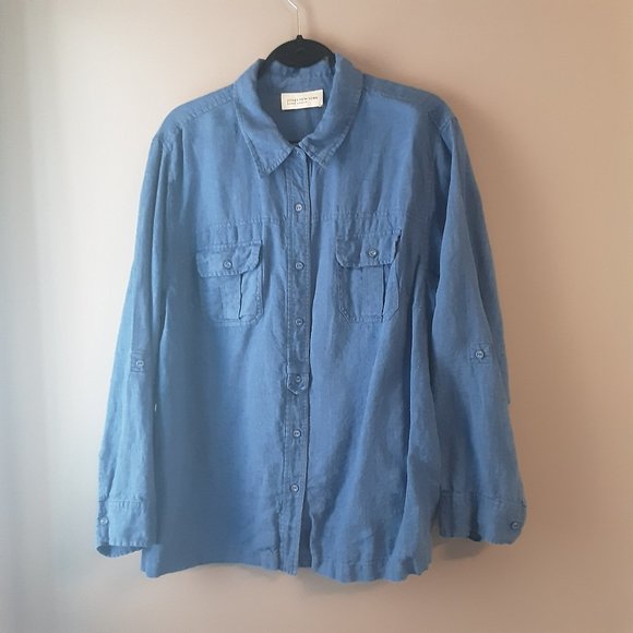 Jones New York Blue 100% Linen Button Up Collared Shirt - Picture 1 of 10